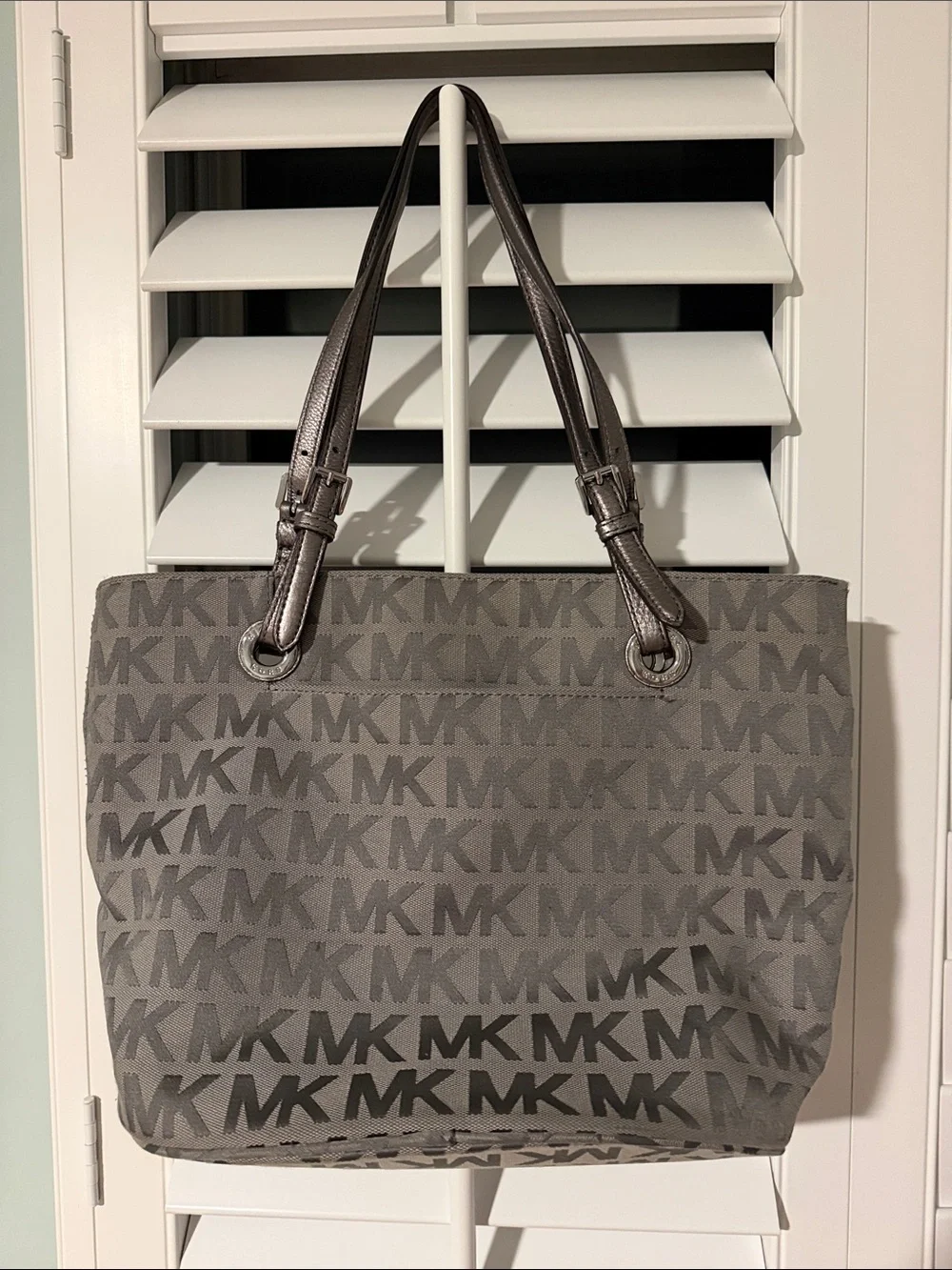 Michael Kors Gray Signature MK Shopper Tote with Metallic Straps